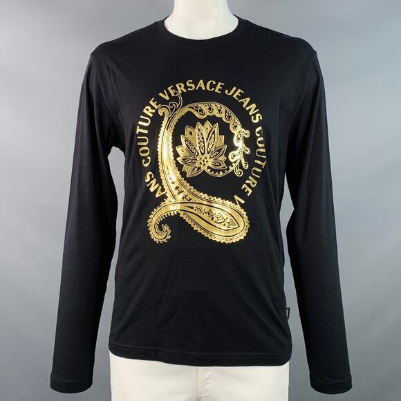 VERSACE JEANS COUTURE Size XXL Black Gold Cotton Jersey Logo Print Pullover - Picture 1 of 9